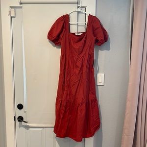 ASTR The Label red midi dress with front slit and puff sleeve